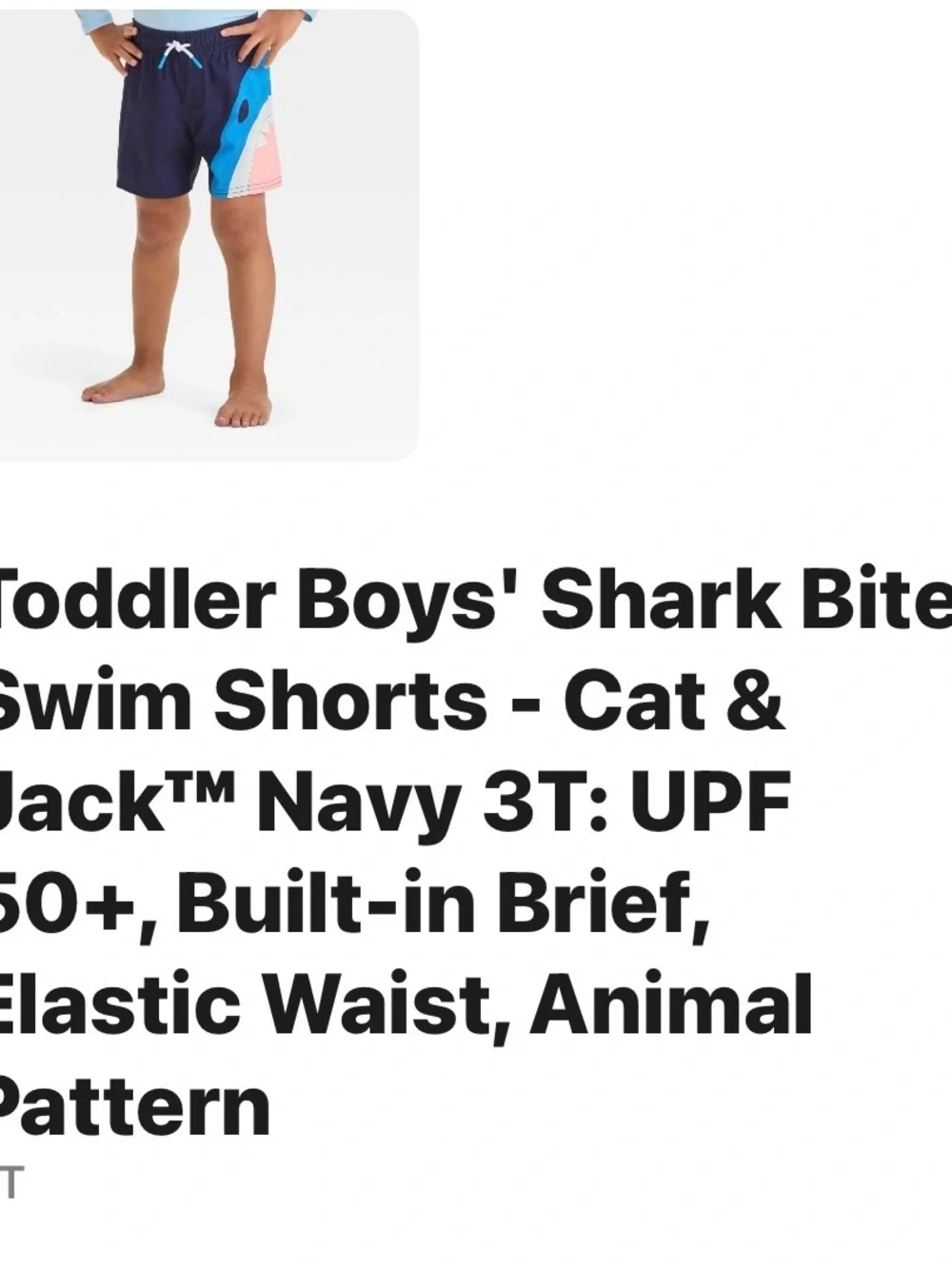 Cat & Jack Navy Blue Shark Swim Trunks 3T nwt upf50+ lined elastic drawstring